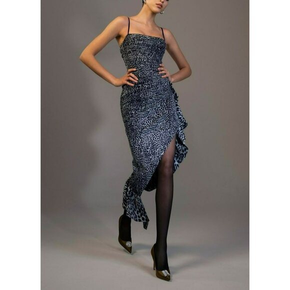 Rasario Dresses & Skirts - Rasario Black Gray Leopard Print Ruched Bodycon Cocktail Dress